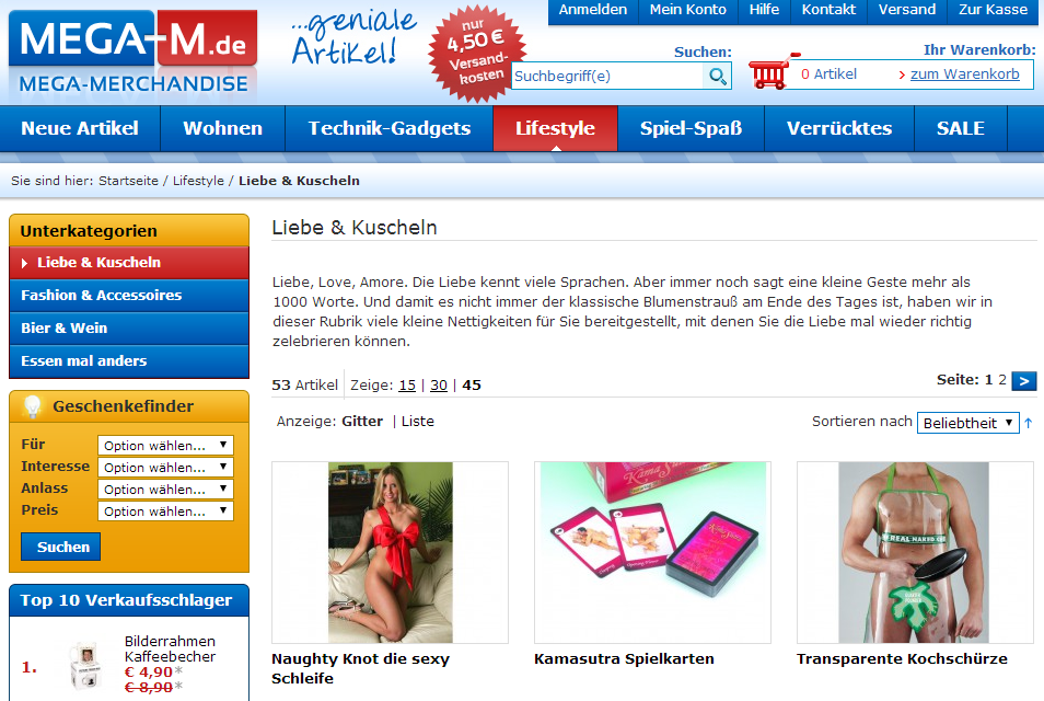 Geschenkefinder auf Mega-Merchandise.de (Screenshot vom Januar 2014) Geschenkefinder auf Mega-Merchandise.de (Screenshot vom Januar 2014)