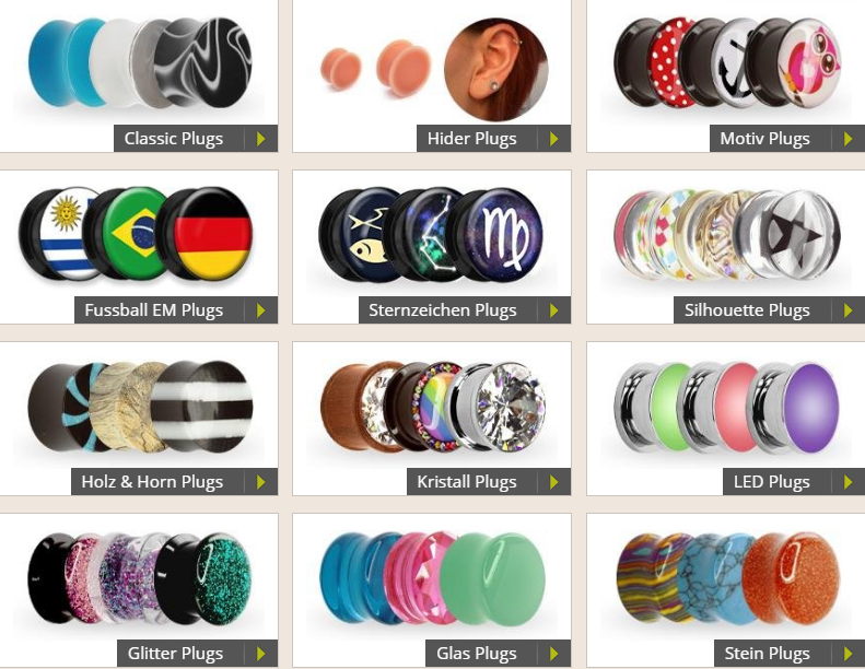 Verschiedene Ohr Plug Varianten im Flesh Tunnel Shop