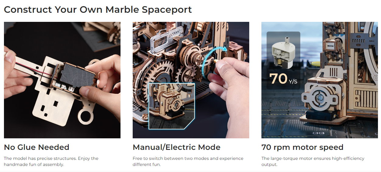 Für den Bau und Betrieb des ROKR Marble Spaceport Marble Run 3D-Holzpuzzles von Robotime kommen Sie vollkommen ohne Leim/Kleber aus und können zwischen einem manuellen oder elektrischen Betrieb wählen
