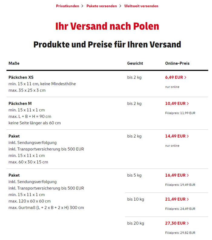 Standard Lieferoptionen für den Paketversand nach Polen - auf DHL gefunden