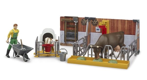 Stallbox mit Kuh und Kalb mit Landwirt